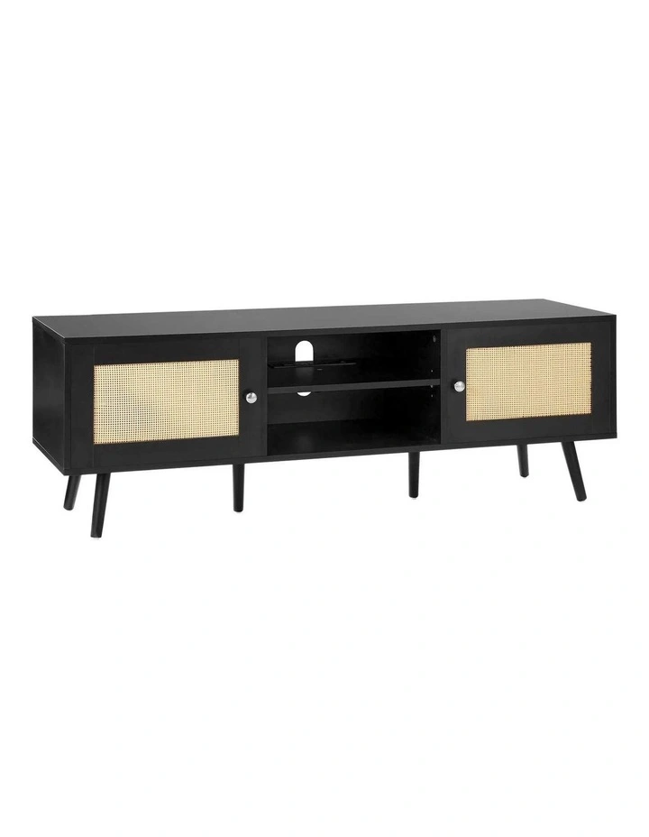 Black Rattan TV Stand 65 Inch Entertainment Unit with Power Outlet Storage image 1