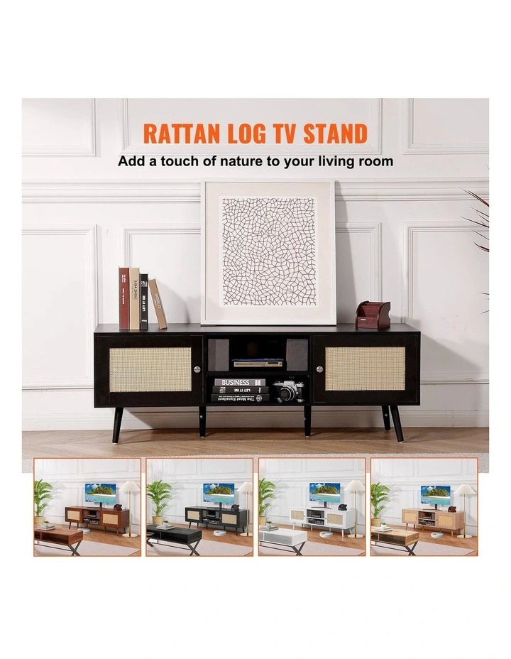 Black Rattan TV Stand 65 Inch Entertainment Unit with Power Outlet Storage image 2
