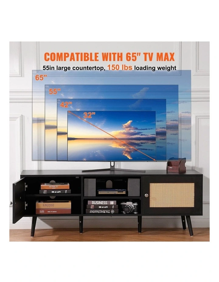Black Rattan TV Stand 65 Inch Entertainment Unit with Power Outlet Storage image 3