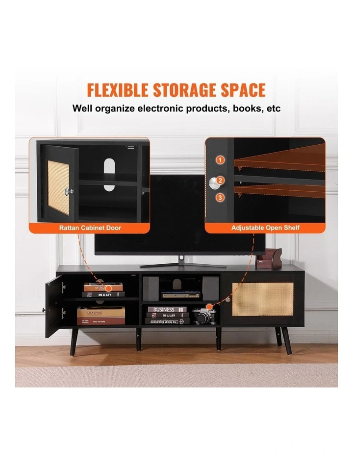 Black Rattan TV Stand 65 Inch Entertainment Unit with Power Outlet Storage image 4
