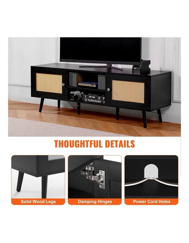 Black Rattan TV Stand 65 Inch Entertainment Unit with Power Outlet Storage image 5