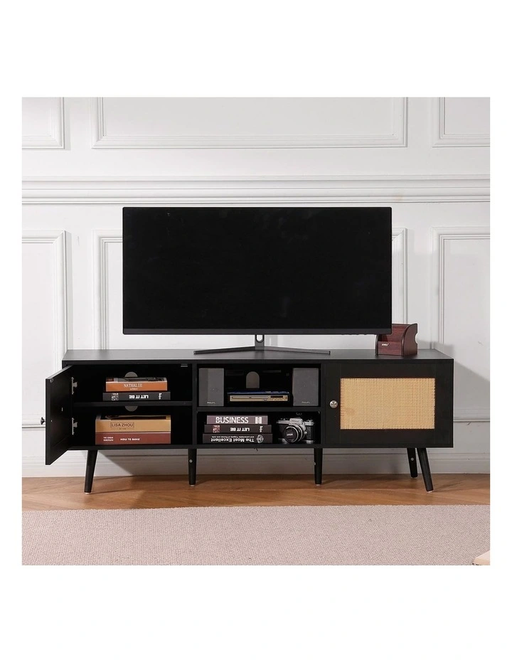 Black Rattan TV Stand 65 Inch Entertainment Unit with Power Outlet Storage image 6