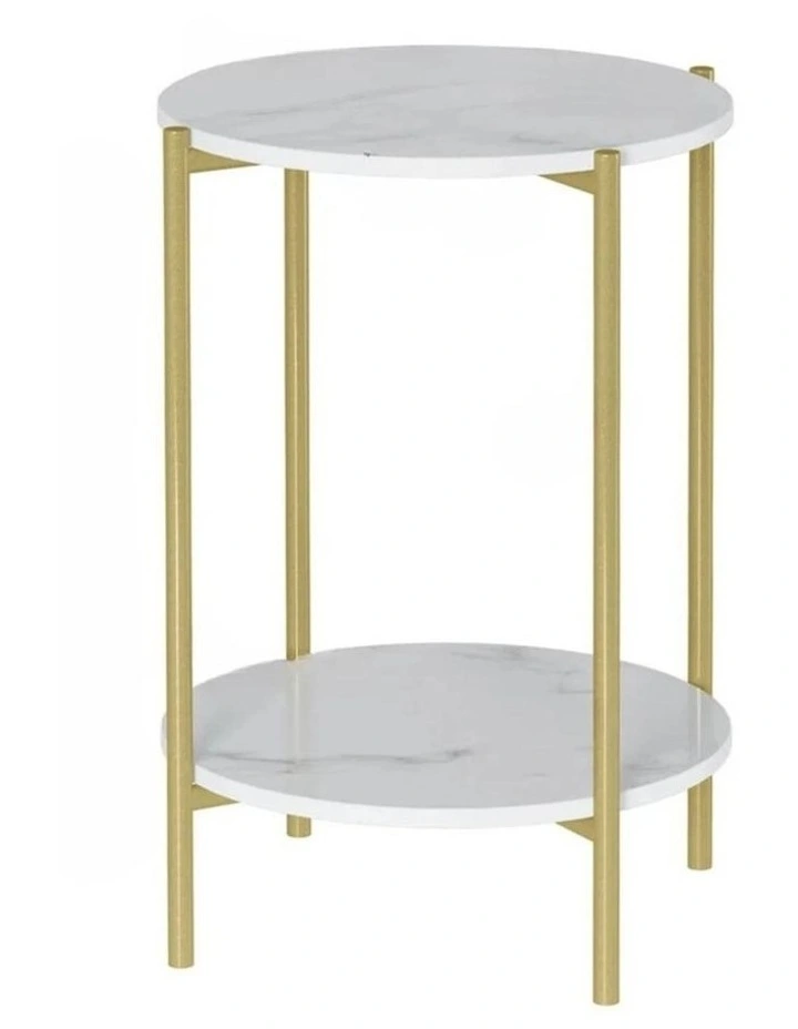 Gold Round Gold Side Table With Two White Marble Shelves image 1