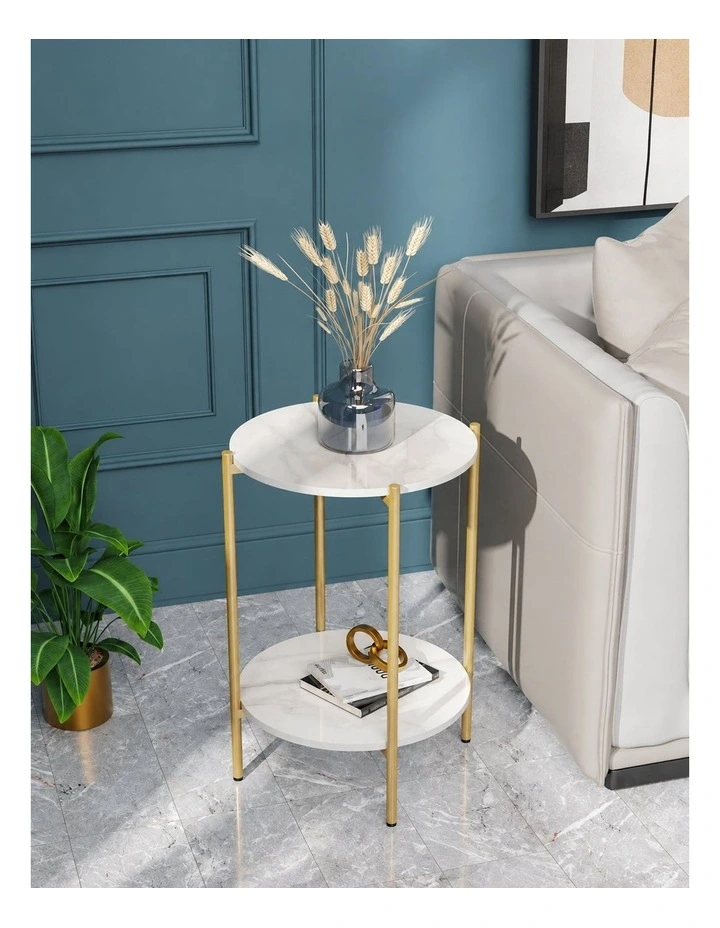 Gold Round Gold Side Table With Two White Marble Shelves image 2