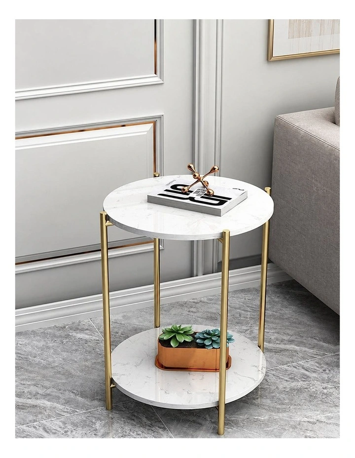 Gold Round Gold Side Table With Two White Marble Shelves image 4