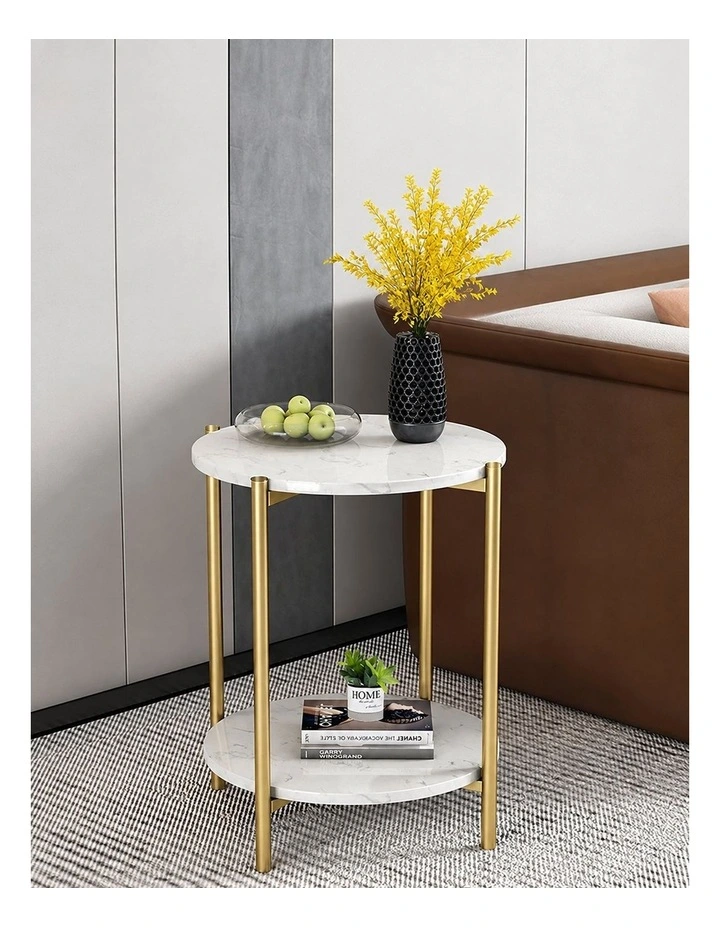 Gold Round Gold Side Table With Two White Marble Shelves image 5