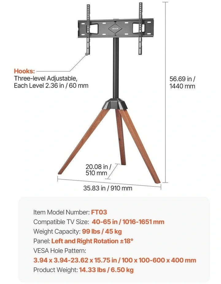 Black Tripod TV Stand 40 to 65 Inch Easel Floor Mount Adjustable image 7