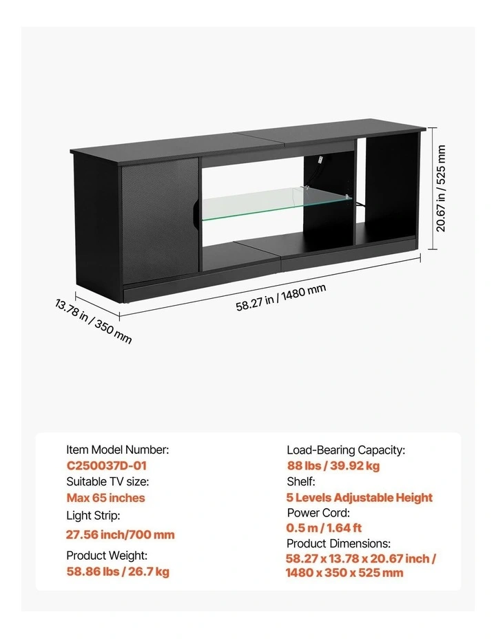 LED TV Stand 65 Inch Entertainment Unit with Storage and Lighting image 7