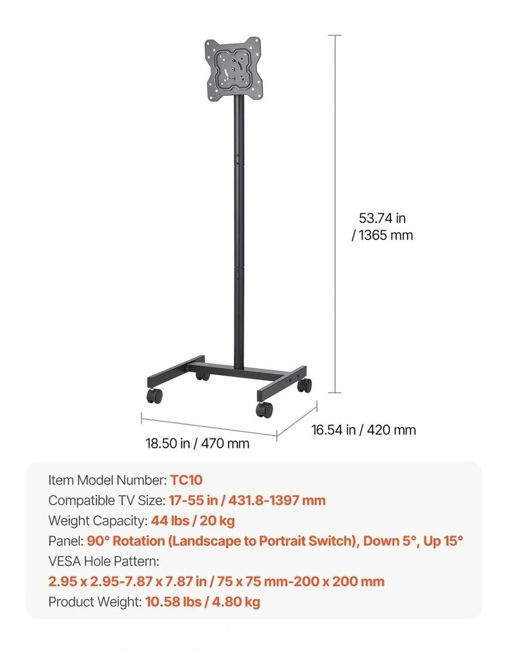 Portable TV Stand 17 to 55 Inch Rolling TV Cart with Rotation Mount image 7