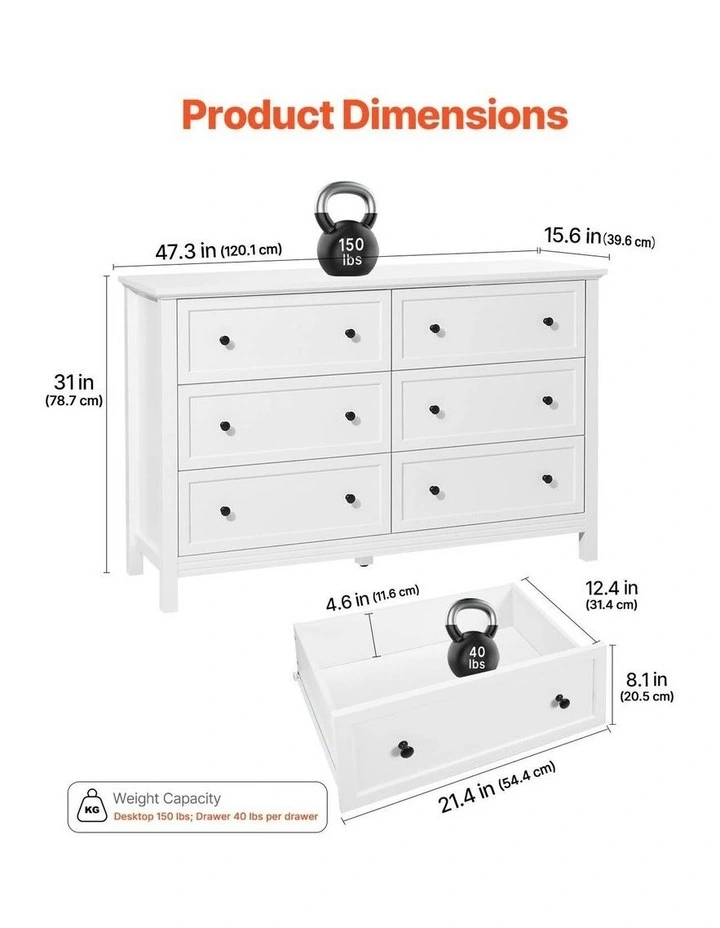 White 6 Drawer Dresser Storage Cabinet Wooden Chest of Drawers Unit image 2