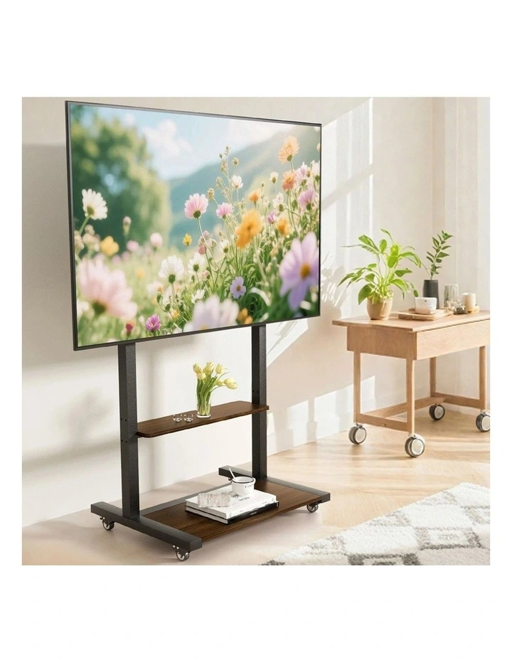 Black Industrial Heavy Duty TV Floor Stand with 2 Tier Shelves & Wheels for TVs Up to 100 image 3