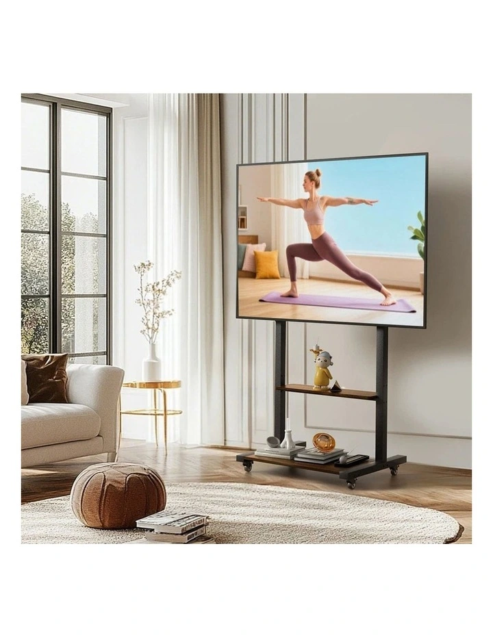 Black Industrial Heavy Duty TV Floor Stand with 2 Tier Shelves & Wheels for TVs Up to 100 image 4