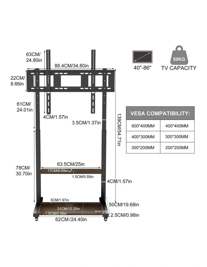 Black Industrial Heavy Duty TV Floor Stand with 2 Tier Shelves & Wheels for TVs Up to 100 image 6