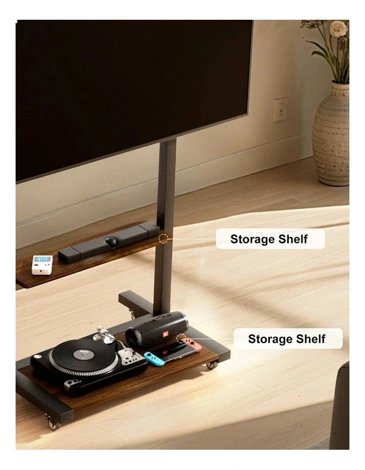 Black Industrial Heavy Duty TV Floor Stand with 2 Tier Shelves & Wheels for TVs Up to 100 image 7