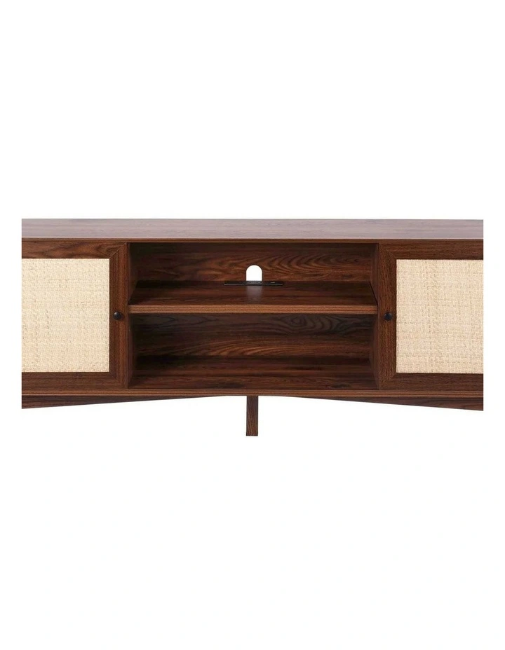 Walnut Rattan TV Stand 75 Inch Boho Entertainment Unit with Power Outlet image 1