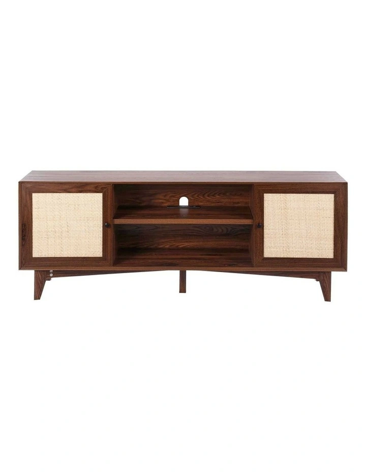 Walnut Rattan TV Stand 75 Inch Boho Entertainment Unit with Power Outlet image 2