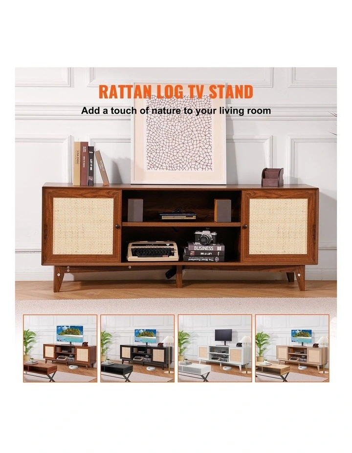 Walnut Rattan TV Stand 75 Inch Boho Entertainment Unit with Power Outlet image 3