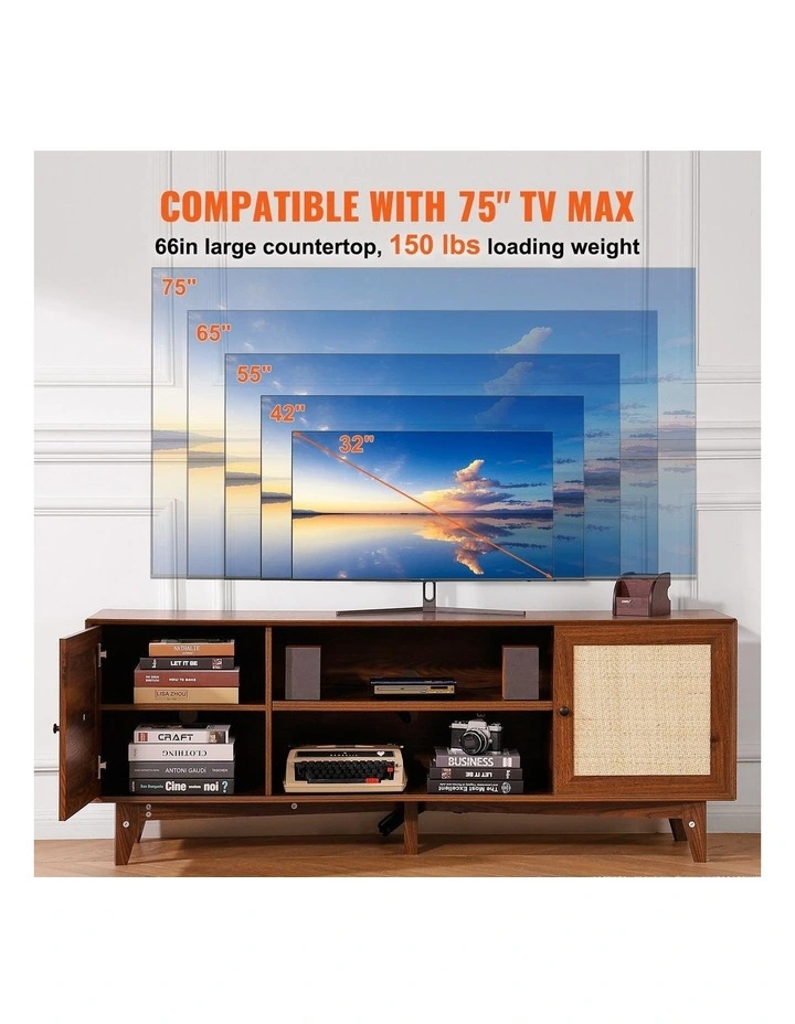 Walnut Rattan TV Stand 75 Inch Boho Entertainment Unit with Power Outlet image 4