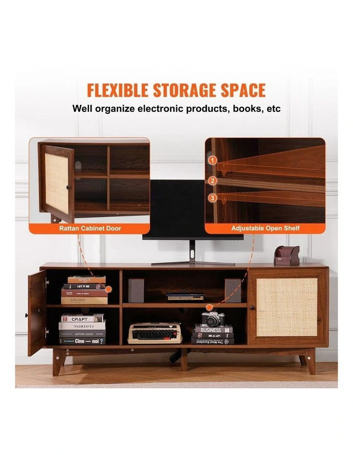 Walnut Rattan TV Stand 75 Inch Boho Entertainment Unit with Power Outlet image 5