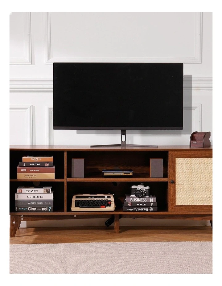 Walnut Rattan TV Stand 75 Inch Boho Entertainment Unit with Power Outlet image 6