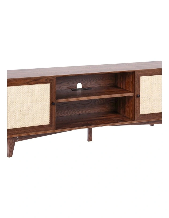 Walnut Rattan TV Stand 75 Inch Boho Entertainment Unit with Power Outlet image 7