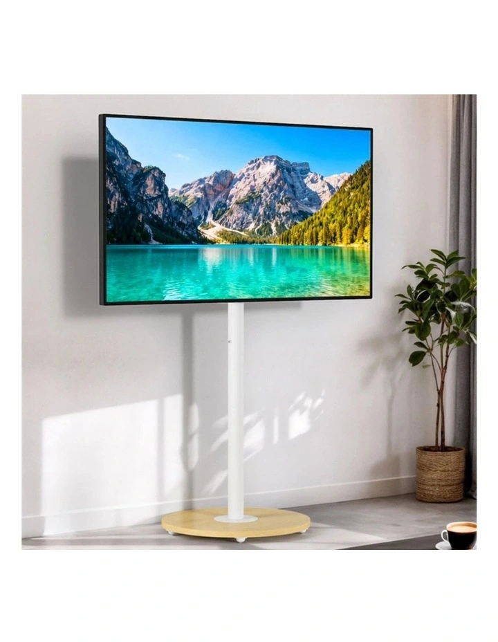 White And Natural Wood Adjustable TV Stand With Wheels For 4075 Inch Screens image 3