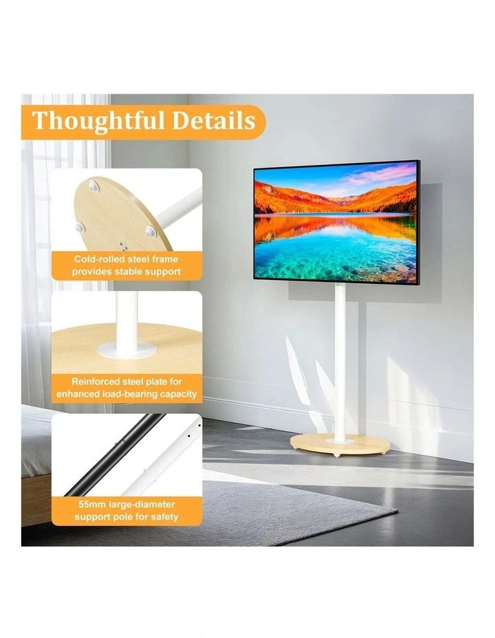 White And Natural Wood Adjustable TV Stand With Wheels For 4075 Inch Screens image 5