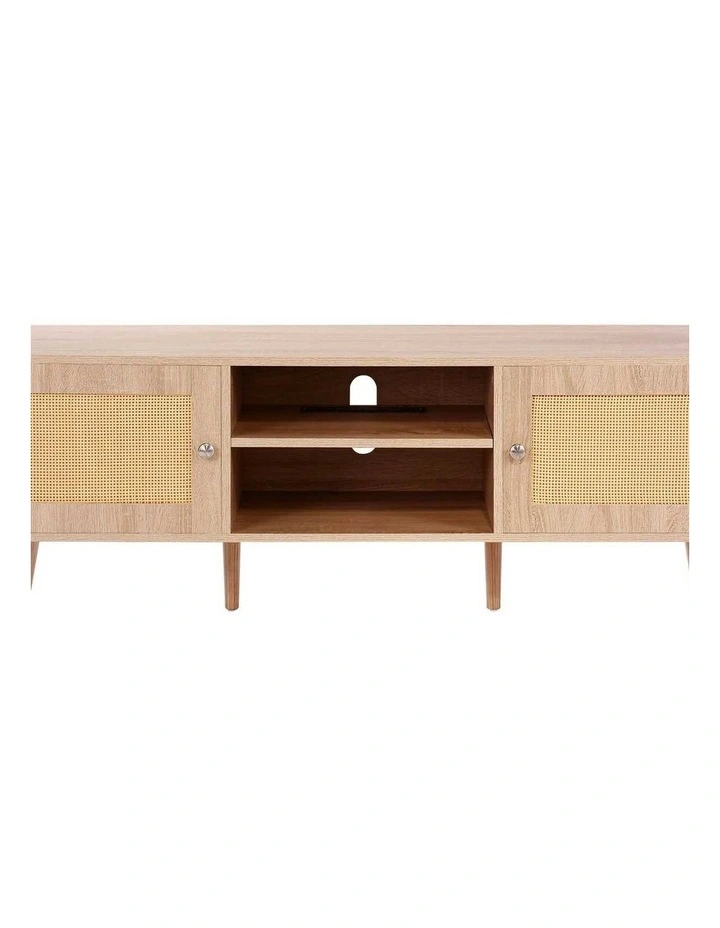 Oak Rattan TV Stand 65 Inch Entertainment Unit with Power Outlet Storage image 1