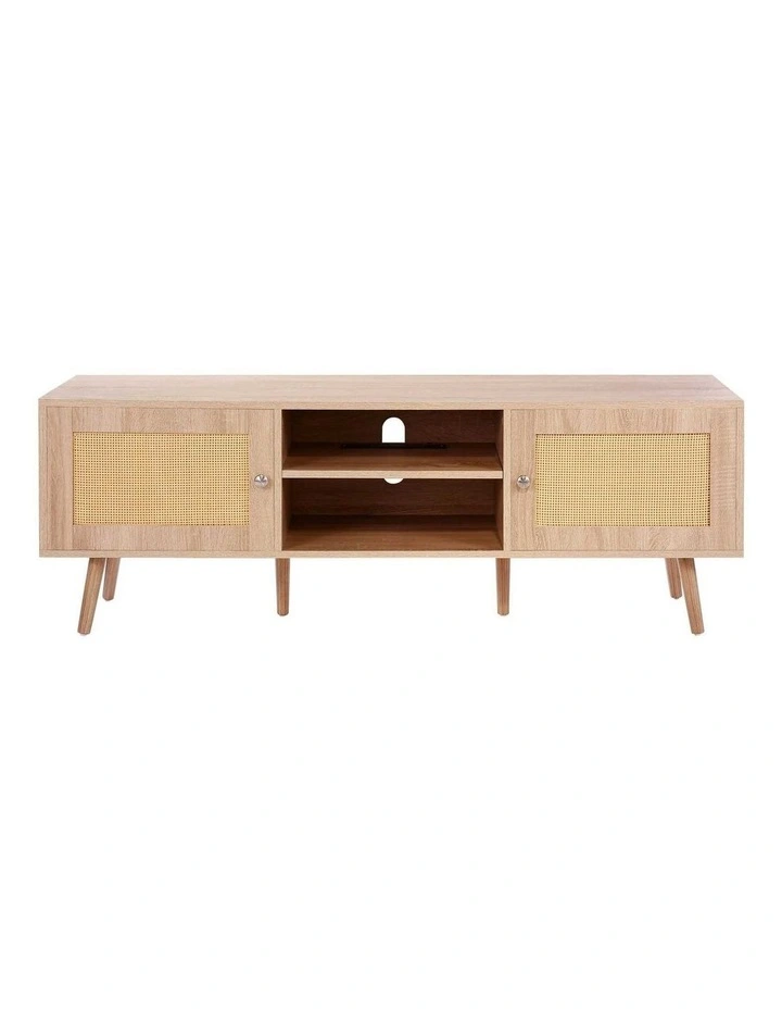 Oak Rattan TV Stand 65 Inch Entertainment Unit with Power Outlet Storage image 2