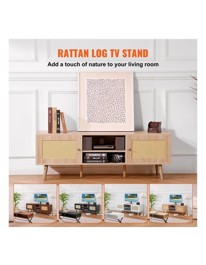 Oak Rattan TV Stand 65 Inch Entertainment Unit with Power Outlet Storage image 3