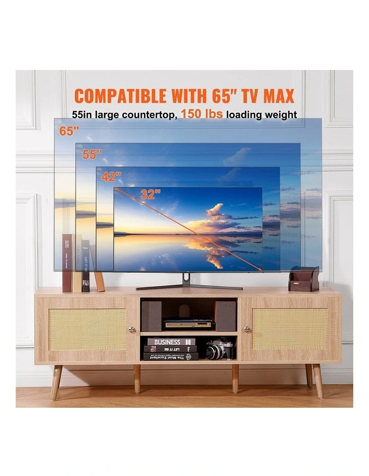 Oak Rattan TV Stand 65 Inch Entertainment Unit with Power Outlet Storage image 4