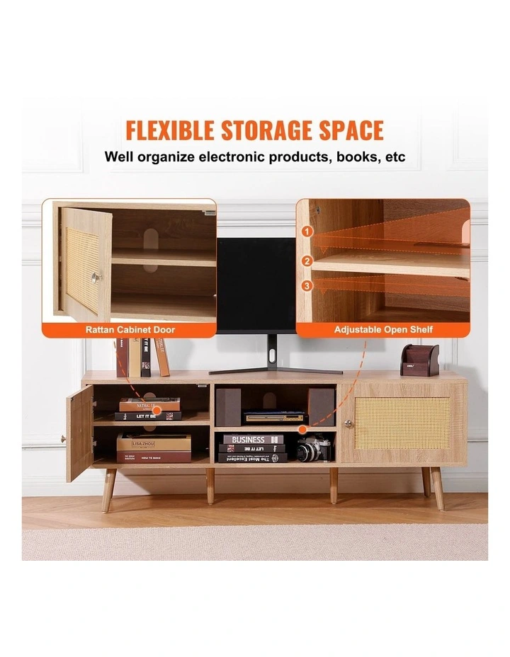 Oak Rattan TV Stand 65 Inch Entertainment Unit with Power Outlet Storage image 5