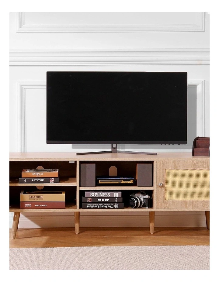 Oak Rattan TV Stand 65 Inch Entertainment Unit with Power Outlet Storage image 6
