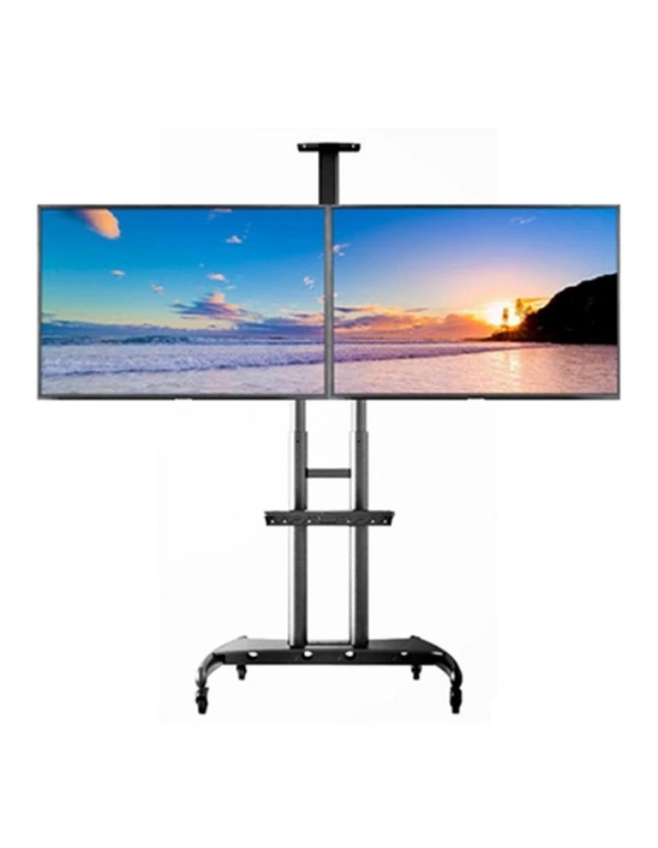 Black Dual Screen Mobile TV Stand Height Adjustable With Locking Wheels image 3