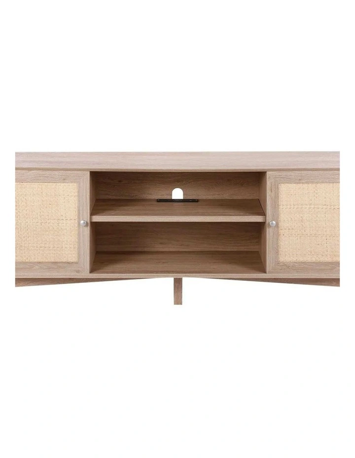 Oak Rattan TV Stand 75 Inch Boho Entertainment Unit with Power Outlet image 1