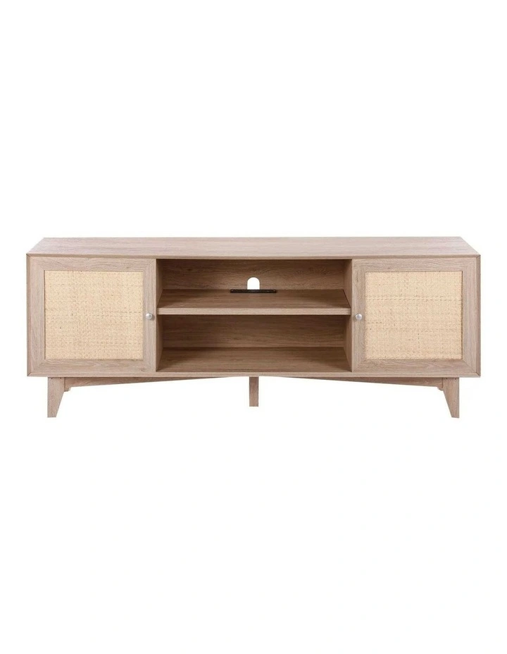 Oak Rattan TV Stand 75 Inch Boho Entertainment Unit with Power Outlet image 2