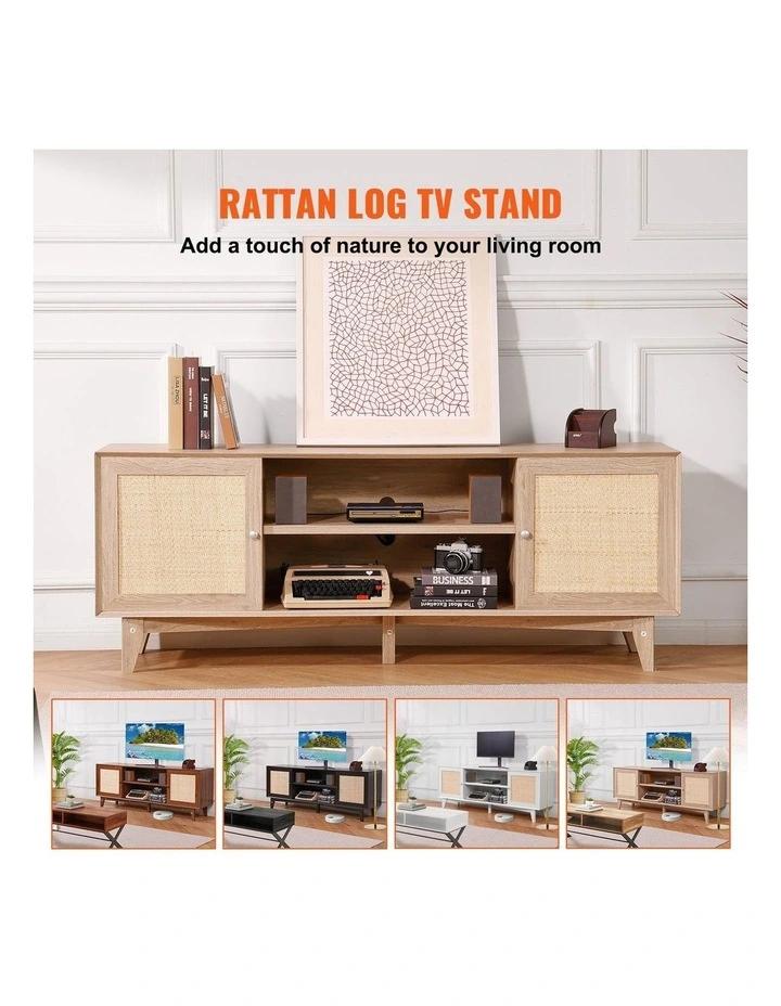 Oak Rattan TV Stand 75 Inch Boho Entertainment Unit with Power Outlet image 3