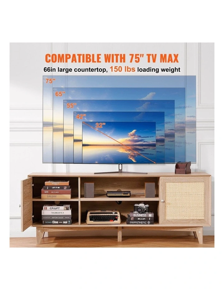Oak Rattan TV Stand 75 Inch Boho Entertainment Unit with Power Outlet image 4