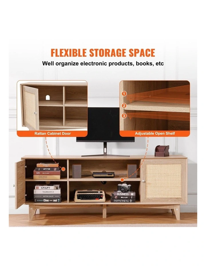 Oak Rattan TV Stand 75 Inch Boho Entertainment Unit with Power Outlet image 5