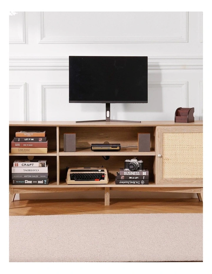 Oak Rattan TV Stand 75 Inch Boho Entertainment Unit with Power Outlet image 6