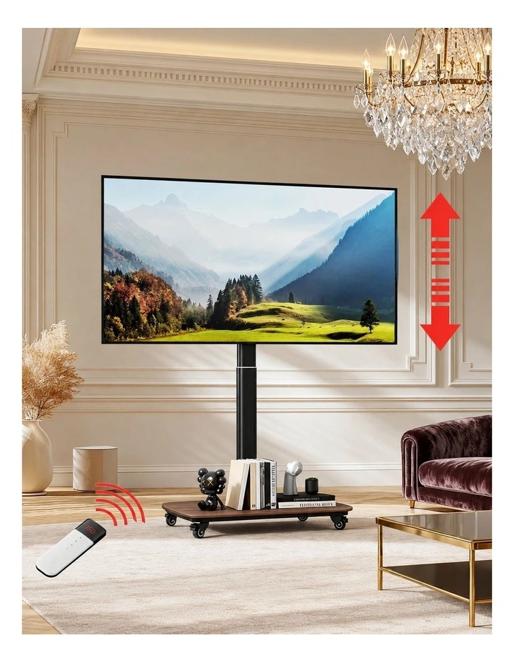 Black And Wood Motorized Height Adjustable TV Stand With Remote Control And Wheels image 2