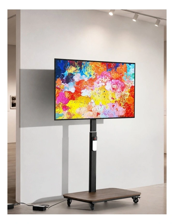 Black And Wood Motorized Height Adjustable TV Stand With Remote Control And Wheels image 4