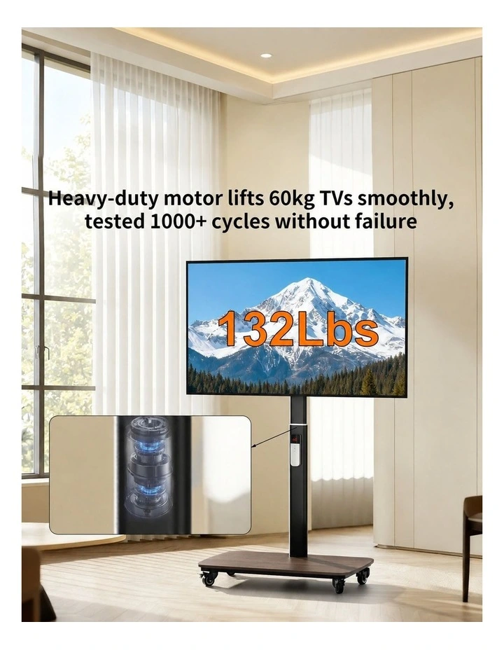 Black And Wood Motorized Height Adjustable TV Stand With Remote Control And Wheels image 6
