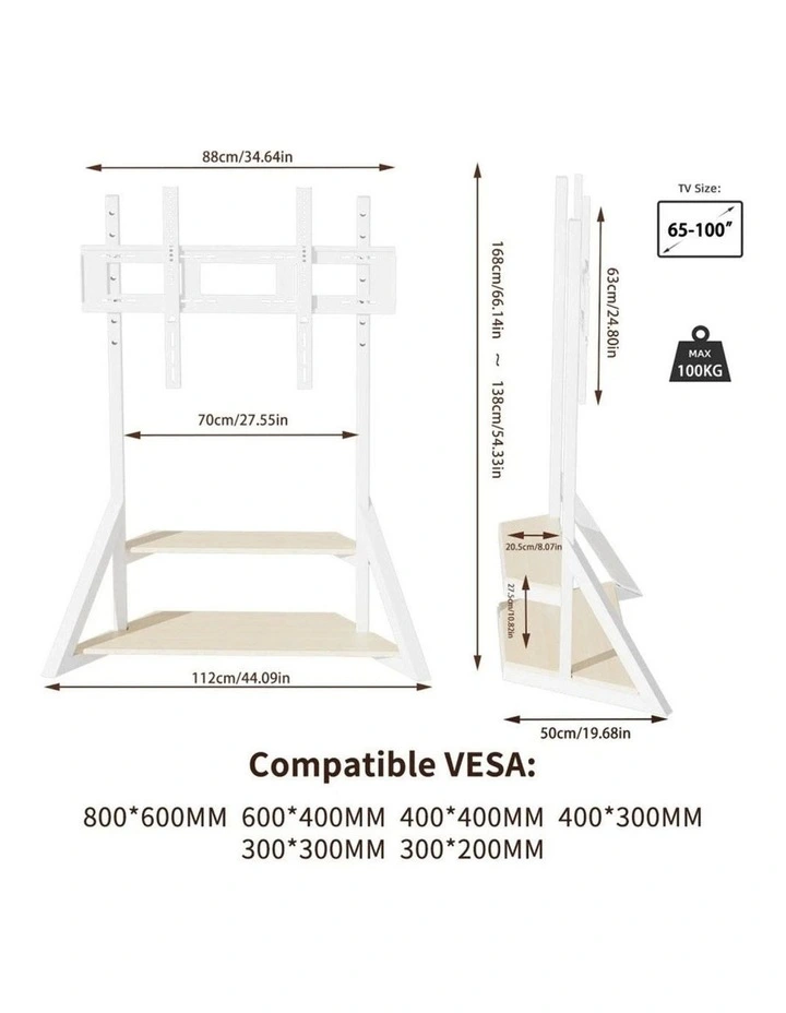 White Heavy Duty TV Floor Stand with 2-Tier Shelves for 65-100 Inch Large Screens image 5