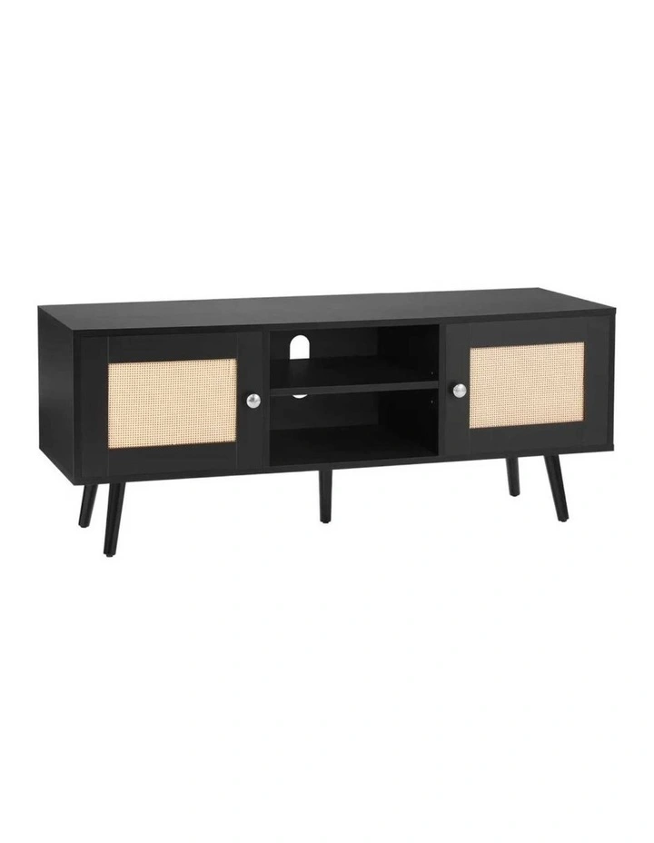 Black Rattan TV Stand 55 Inch Boho Entertainment Unit Storage Cabinet image 1
