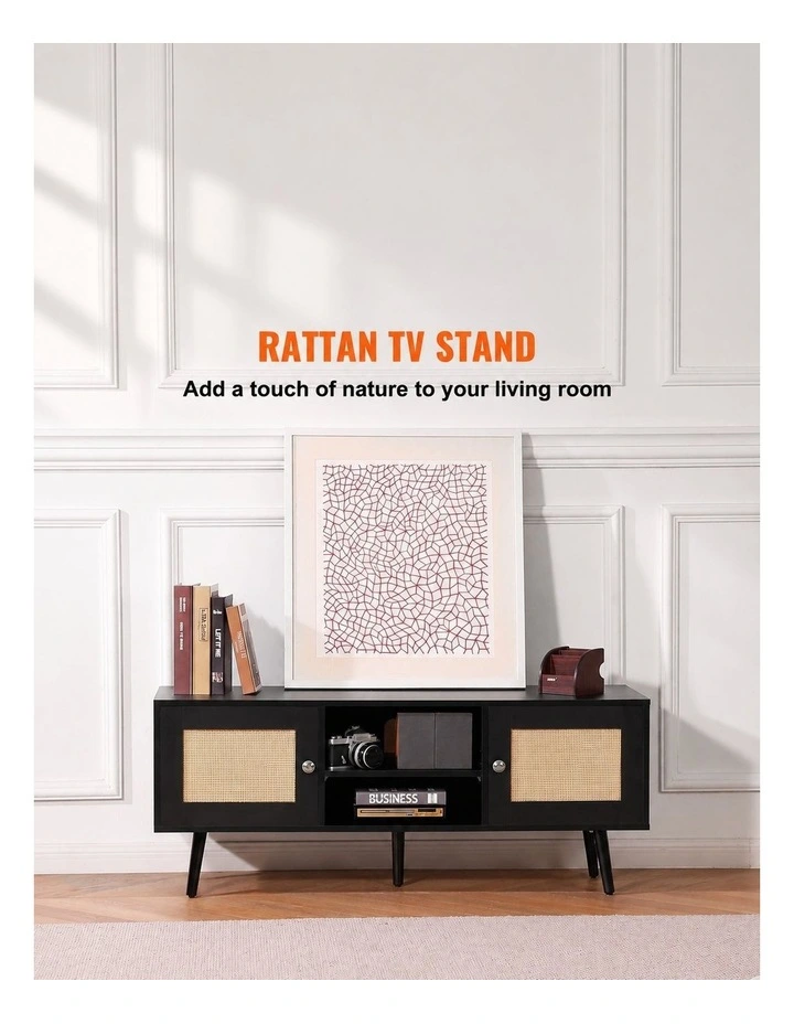 Black Rattan TV Stand 55 Inch Boho Entertainment Unit Storage Cabinet image 2