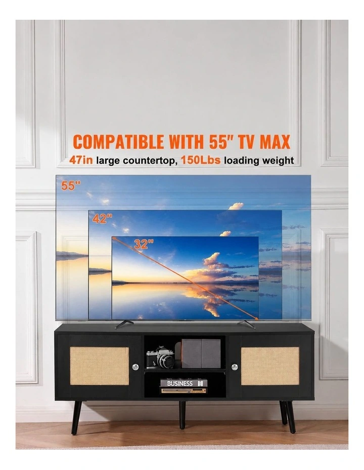 Black Rattan TV Stand 55 Inch Boho Entertainment Unit Storage Cabinet image 3