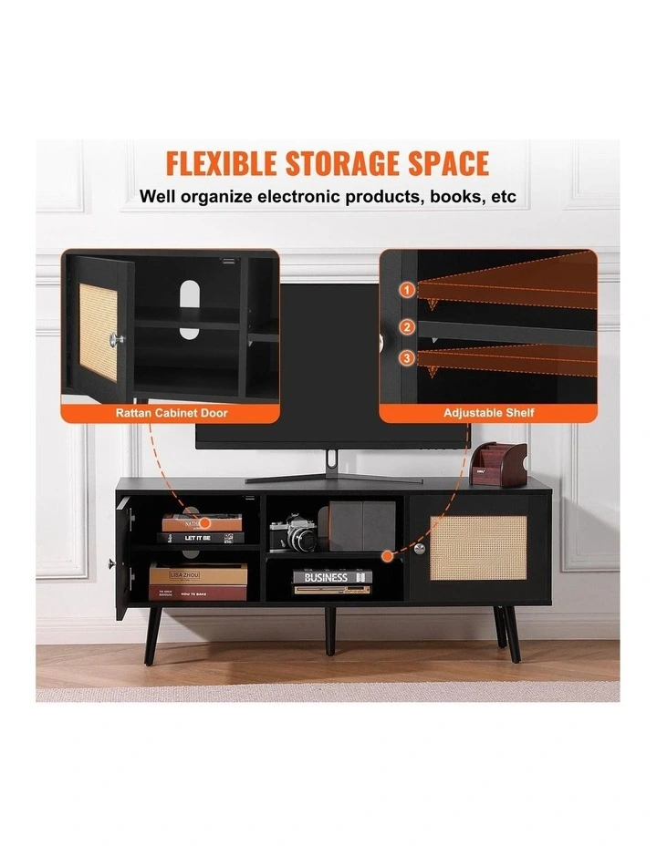 Black Rattan TV Stand 55 Inch Boho Entertainment Unit Storage Cabinet image 4