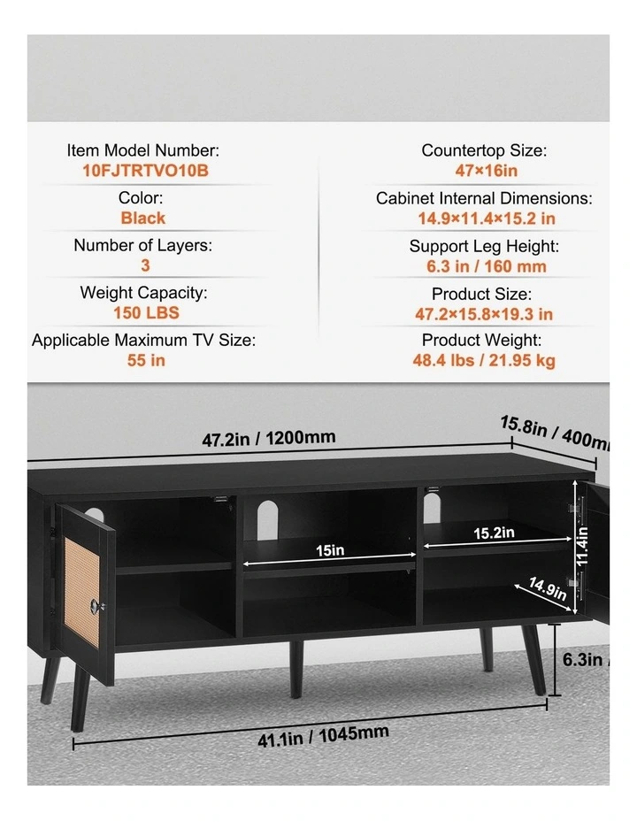 Black Rattan TV Stand 55 Inch Boho Entertainment Unit Storage Cabinet image 7