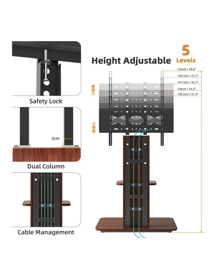 Brown 5-Level Adjustable Heavy Duty TV Floor Stand with Sturdy Bracket for Up to 65 TVs image 6